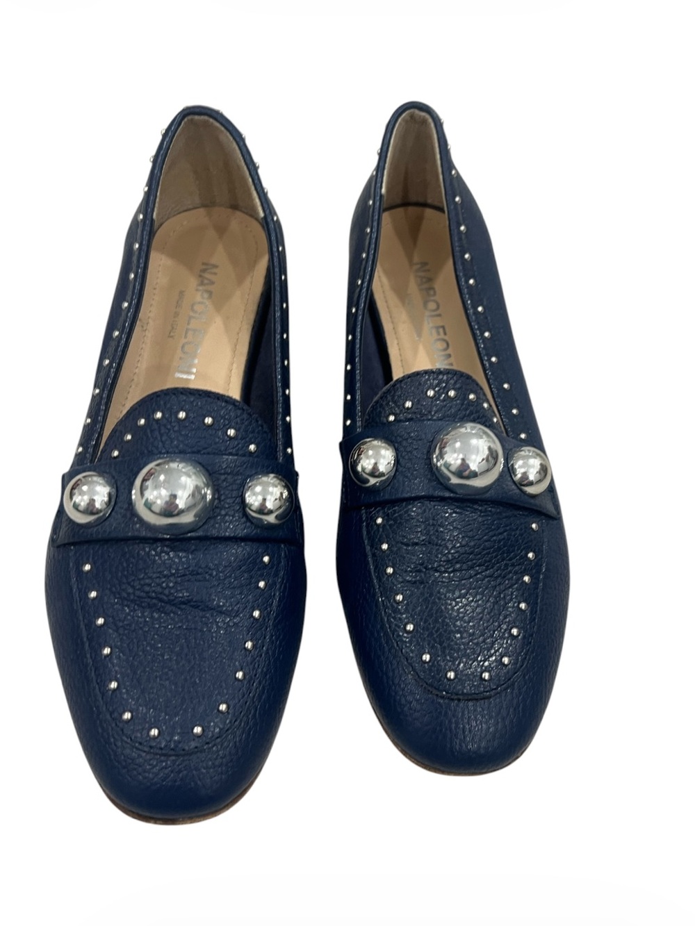 Napoleoni Blue Leather Silver Studded Embellished Flats Italy Size 37